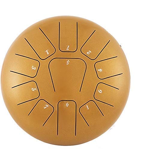 Anhon Tambor de Lengua de Acero 12 Pulgadas (30 cm) Tambor Metálico de Lengüetas Acero Handpan Drum con 11 Teclas de Notas con Bolsa Libro de Música Mazos Puntas de Dedo Oro Cover