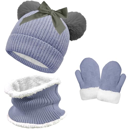 crazy bean Gorro y Bufanda Guantes Niña Niño Invierno Sombrero de Punto Cálido con Pompon Conjunto Gorro y Bufanda Niños Mittens Set de 3 Piezas Gris