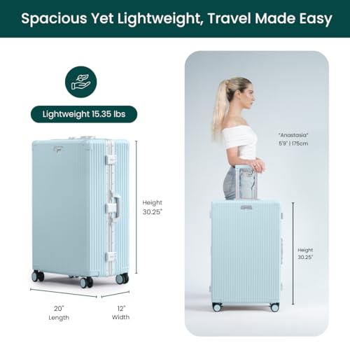 Image of Nobl Travel Zipperless Check In Suitcase - Aluminum Frame, Check In luggage 30.25x20x12 Airline Approved by Noble Travel- Unbreakable Polycarbonate Shell- TSA Locks, 360 Spinner Wheels Powder Blue