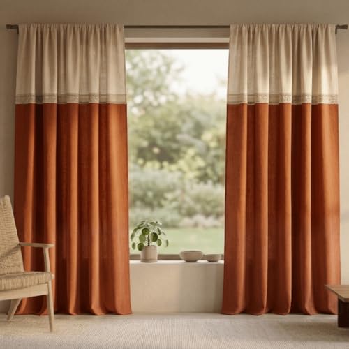 Image of Peepul Tree Cotton 7ft Door Curtain in Rust and Off White | Woven Colour Block Design with Crochet Border | Semi Blackout 70% Light Blocking | Top to Bottom Reversible Design