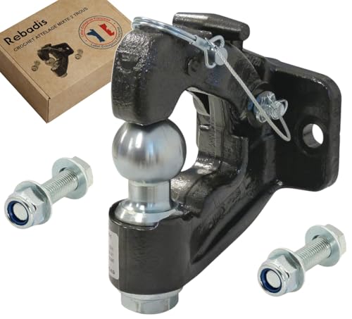 Rebadis Crochet attelage Mixte 3500kg 2 Trous, Chape avec Boule diam 50mm, Anneaux 68 et 76mm. Livré avec visserie