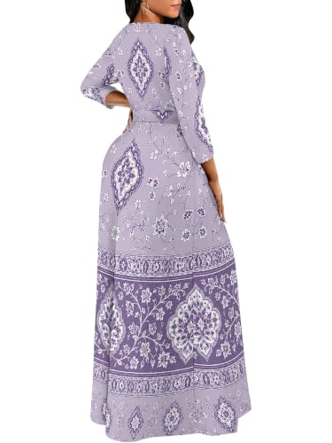 Image of Women Plus Size Long Sleeve V Neck Maxi Dress with Belt | Soft fabric relaxed fit three quarter sleeve v neck with pockets for party and daily wear