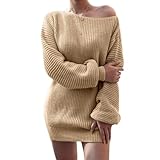 Generisch Schulterfreies, langärmeliges Strickkleid mit Laternenmuster, locker geschnitten, Oversize-Stil (Khaki,S)