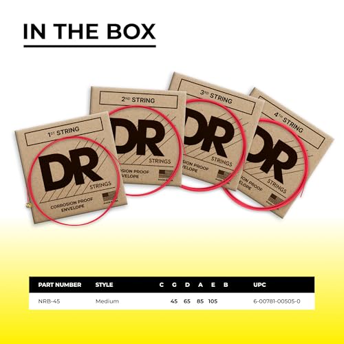 DR Strings NRB-45 Neon Red Coated Nickel-Plated Steel Bass Guitar 4 Strings 45-105, Medium