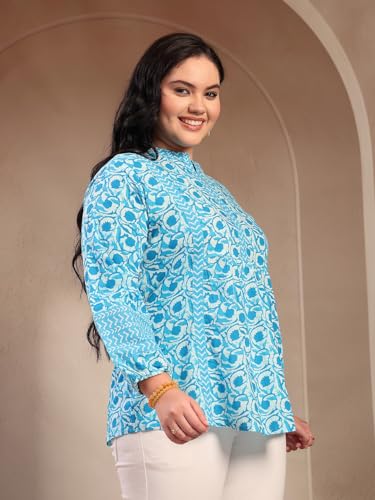 Image of Stylum Women's Plus Size Blue Floral Printed Pure Cotton Top | Plus Size Tops for Women Short Kurti