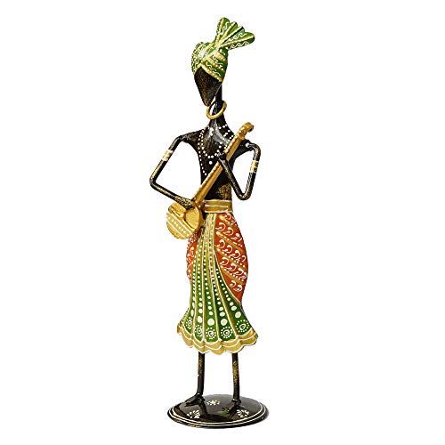 Image of eCraftIndia Tribal Iron Men's Playing Musical Instrument Dholak Decorative Showpiece, Green, Orange and Black, one Size (IRLADY513)