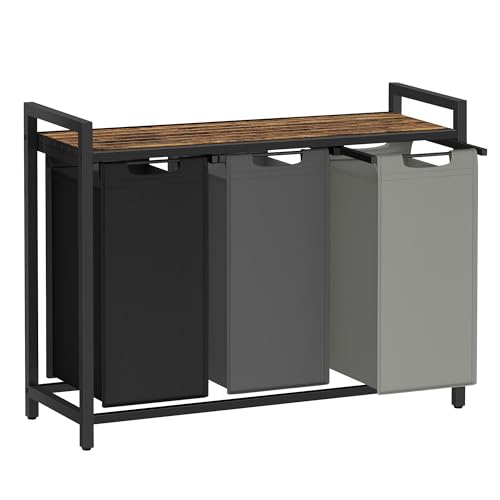 Image of VASAGLE Laundry Hamper, Laundry Basket, Laundry Sorter with 3 Pull-Out and Removable Bags, Shelf, Metal Frame, 3 x 10.6 Gallons (40 L), 36.4 x 13 x 28.4 Inches, Tricolor and Rustic Brown UBLH301X01