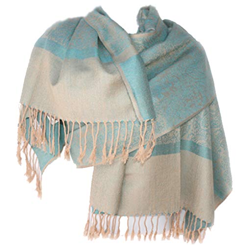 Silverfever Women's Shawl Vintage Jacquard Paisley Pashmina Special Occasion Wrap Evening Scarf Double Sided Stole (Champagne/Blue) #TOP7