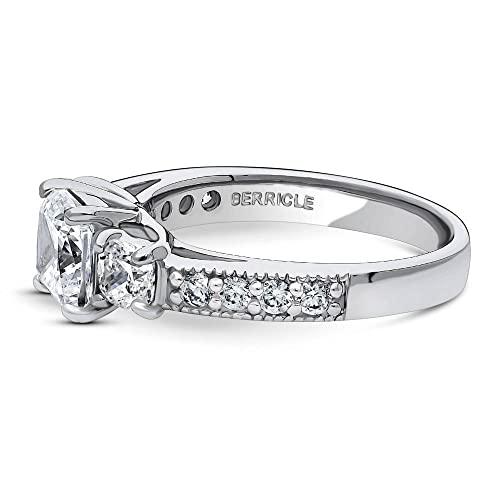 BERRICLE Sterling Silver 3-Stone Wedding Engagement Promise Rings for Her, Stackable Band Ring Set for Women, Cubic Zirconia CZ - Sapphire-Blue, Cushion, Princess, Round Cut3