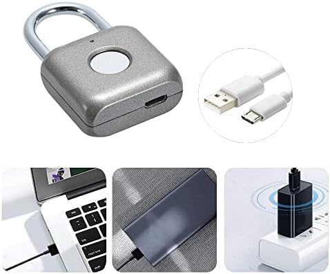 Fingerprint Padlock Mini Smart Padlock Keyless USB Charging Biometric High Security Lock for Gym Locker, Shed Locker, Storage Units, Luggages, Suitcases (Grey)