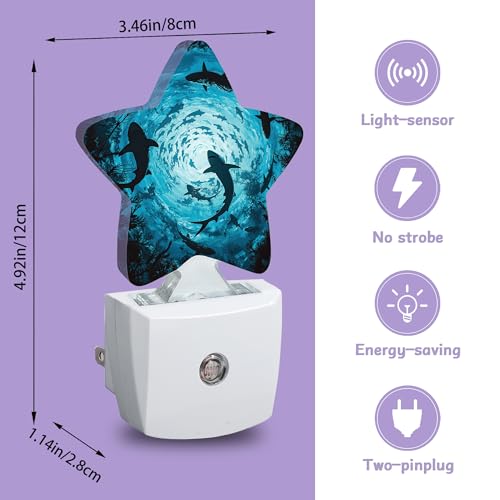 Image of Sharks Swimming Decorative Nightlight Plug in Wall,Deep Blue Sea Star Shaped Night Light with Built in Sensor for Home Decor,Kitchen Hallway Stairs Desk Lamp