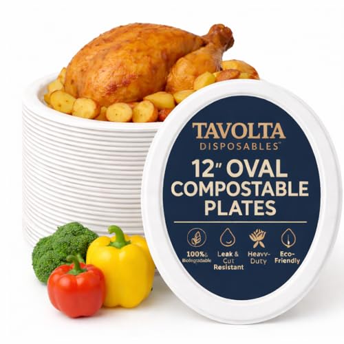 TAVOLTA 12 Oval Compostable Paper Plates Heavy-Duty Sugarcane Bagasse Fiber Plates | 100% Biodegradable Eco-Friendly Leak & Cut Resistant Disposable for Party BBQ Picnic Thanksgiving Dinner