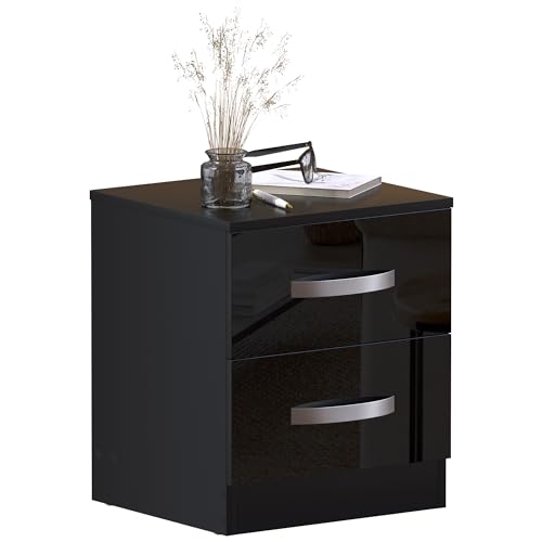 Amazon Brand - Movian Table de Chevet très Brillante à 2 tiroirs, Noir, 47 x 40 x 36 cm