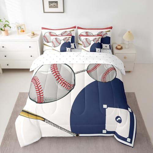 Feelyou Baseball Bedding Set Twin 7 Pieces Kids Gaming Sports for Boys Girls Teens Baseball Court Bedding Set Sports Theme Blue White Bed in a Bag with Comforter, Sheets, Pillowcases & Cushion Cover