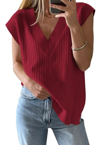 Image of ZDC Womens V Neck Sweater Oversized Sleeve Casual Ribbed Knit Tank Tops Loose Fit