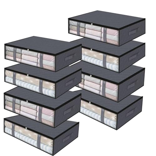 YOUNTHYE 8PCS Under Bed Storage Box with Lid, 45L Storage Bags Underbed Clothes Storage Boxes with Front Clear Window, Foldable Storage Box for Clothes, Bedding, Shoes, Duvets