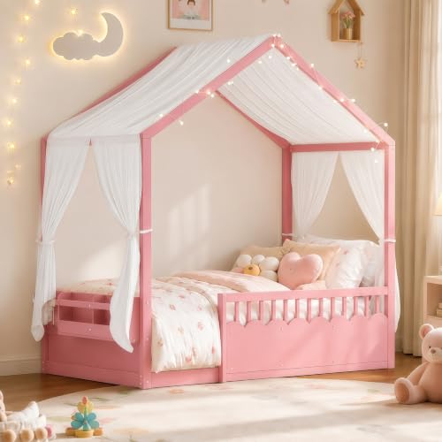 Image of Bellemave Twin House BedFrame with Canopy, Montessori House Bed with LED and Bookshelf and Rails for Kids, Pink