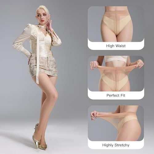 Image of Yilanmy 3 Pairs Sheer Tights for Women Ultra Thin T-Crotch Pantyhose High Waist Stockings 20D