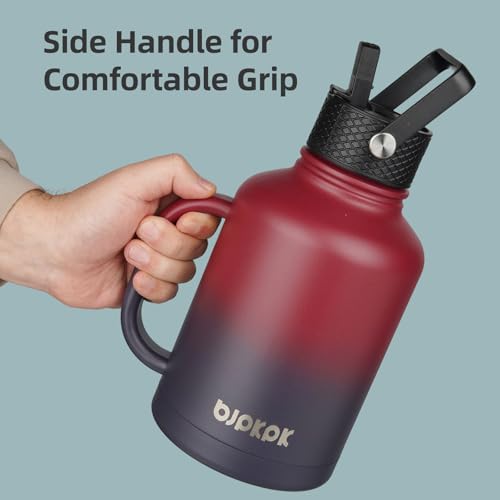 Image of BJPKPK Large Insulated Water Bottles with Straw Lid & Handle, 50oz Water Bottle with 3 Lids and Paracord Strap, Stainless Steel Metal Water Bottle, Insulated Water Jug, Black