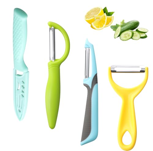 4 Piezas Pelador, Pelador Giratorio de Verduras de Acero Inoxidable, Cuchillo para Frutas con Mango Antideslizante para Patatas, Manzanas, Zanahorias y Pepinos