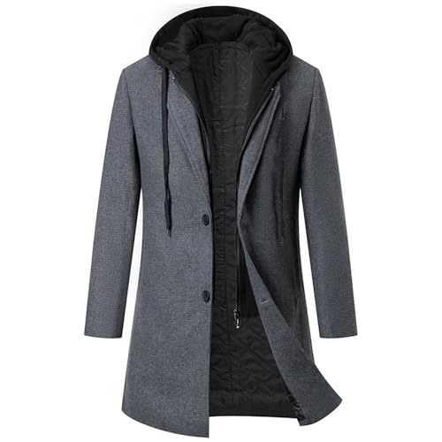Maiyifu-GJ Men's Removable Hooded Wool Blend Overcoat Winter Single Breasted Trench Coats Casual Warm Classic Pea Jacket