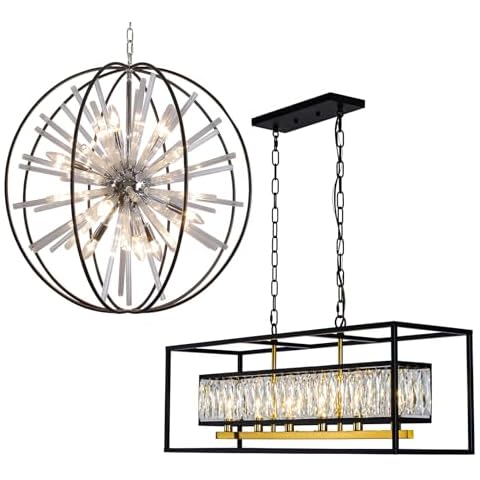 Vezzio Black and Chrome 12-Light Globe Chandelier + Black and Gold 6-Light Rectangular Crystal Chandelier Set – Ideal for Foyer, Entryway, Dining Room, and Kitchen Cover
