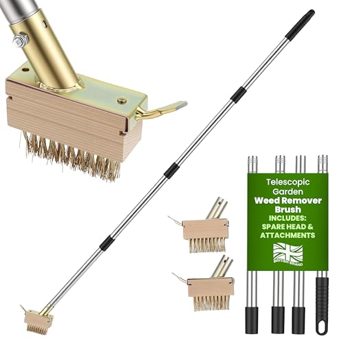 My Garden Weed Remover Brush Extends up to 160cm Weed Brush with Copper Wire Bristles - 2X Replacement Heads - Durable Steel Handle Perfect for Patios Driveways Paths Moss & Algae Cleaning