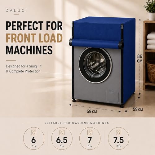 Image of DALUCI Washing Machine Cover Front Load for 6 Kg, 6.5 Kg, 7 Kg & 7.5 Kg Fully Automatic Machines | Waterproof Dustproof Polyester Protective Cover with Zipper (Blue, 59X59X86 CM)