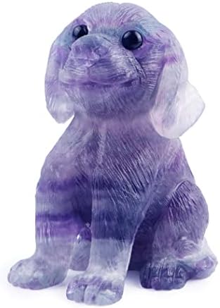 SMQ 3 Inches Healing Crystal Dog Statue Figurine,Hand Carved Rainbow Fluorite Gemstone Puppy Pet Memory Figurines Healing Reiki Sculpture for Home,Office Decor