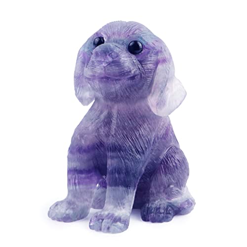 Smq 3 Inches Healing Crystal Dog Statue Figurine,Hand Carved Rainbow Fluorite Gemstone Puppy Pet Memory Figurines Healing Reiki Sculpture For Home,Office Decor #TOP1