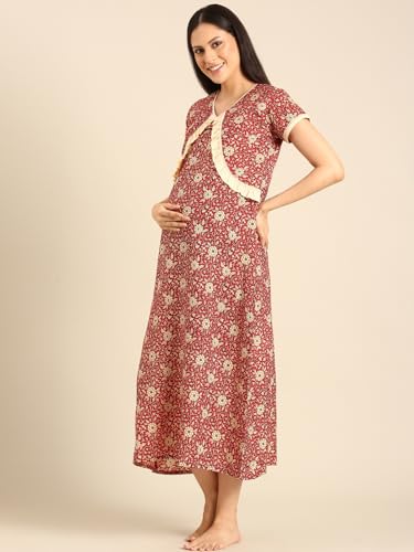 Image of Rupa Jon Aishwarya Women Full Length Maternity Night Dress in Cotton Blend Fabric, Maxi Nighty, Pregnancy Night Dress for Nursing, Pre and Post Pregnancy