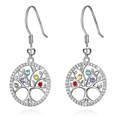 925 Sterling Silver Dangle Drop Earrings for Women Girls Tree of Life Dangling Earrings with Birthstone Crystal Cubic Zirconia Lever Back Fashion Jewelry Gift for Mom Wife Sister Birthday Valentine's Christmas
