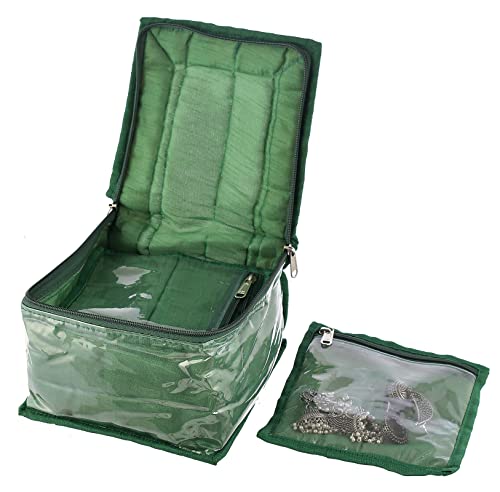 Image of Kuber Industries Flower Design Laminated PVC Jewelry Organiser Jewelry Storage Bags for Necklace, Earrings, Rings, Bracelet With 10 Transparent Pouches (Green)