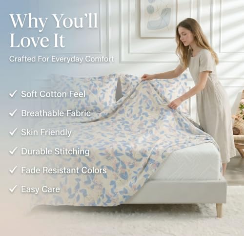 Image of BSB HOME 210 TC Cotton Feel Double Bedsheet with 2 Pillow Covers, Soft & Breathable Floral Printed Bed Sheet, Easy Care Bedding for Bedroom - 86 x 88 Inches (218 x 224 cm) (Off White)