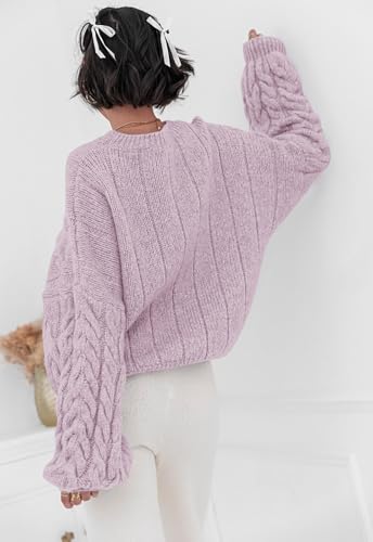 Image of PRETTYGARDEN Womens Sweaters Spring 2026 Cable Knit Long Sleeve Crewneck Oversized Sweater Chunky Pullover Loose Outfits