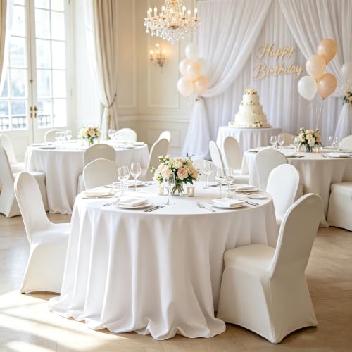 Image of 10 Pack Round Table Cloth 120 Inch, Round Tablecloth, Washable Polyester Table Cover for Buffet Party, Dinner, Weddings and Camping, White