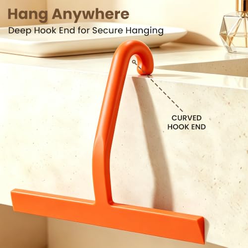 Image of 10 Inch Silicone Shower Squeegee for Glass Doors, Streak-Free, Orange | No-Squeak Silicone Blade, Ergonomic Round Grip and Built-In Hook for Quick Daily Cleaning of Shower Glass, Tile and Windows