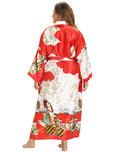 Image of Women's Floral Long Satin Robes Plus Size Long Silk Robes Peacock Floral Kimonos Sleepwear Dressing Gown