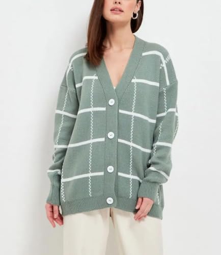 chouyatou Women's 2025 Plaid Button Down Cardigans Checkered V Neck Knit Cardigan Sweater Jacket Outerwear Coat2