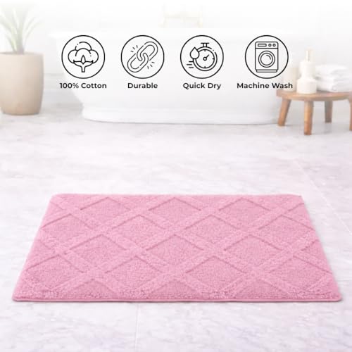 Image of Premium Combed Cotton Tufted Bathmat 45 x 65 cm, 1800 GSM Soft Absorbent Anti Skid Bathroom Floor Mat with Latex Backing, Quick Dry Non Slip Bath Rug for Shower & Daily Use, Diamond Rose