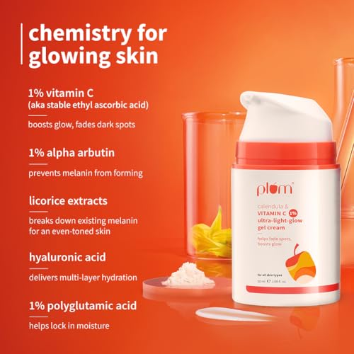 Image of Plum 1% Vitamin C Ultra-Light-Glow Gel Cream with Calendula | Fades Dark Spots, Boosts Glow, Deeply Hydrates | Lightweight, Non-Greasy Face Moisturizer | All Skin Types | for Women and Men | 50g