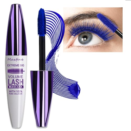 Blue Mascara, Waterproof 4D Silk Fiber Lash Mascara, Long-Lasting No Smudge and Clump Telescopic Lengthening Thick Volumizing Eyelash Dye Mascara for Party Stage Use
