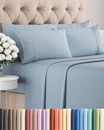 Image of Full 6 Piece Bed Sheet Set - Breathable & Cooling Sheets - Heathered Blue | Ultra-Soft Hotel Luxury Bedding Set with 8-16 Inch Deep Pockets, 1 Flat & 1 Fitted Sheet & 4 Pillowcases, Wrinkle & Fade Free