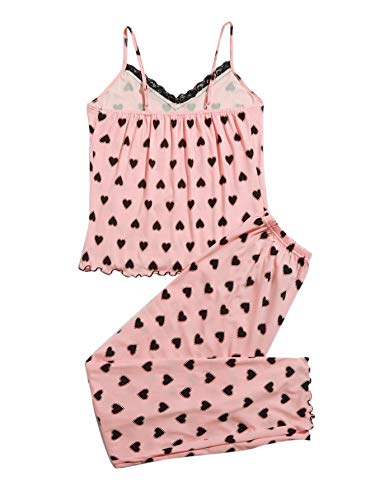 Verdusa Women's Lace Trim Heart Print Cami Top And Pants Loungewear Pajama Set Pink M #TOP1