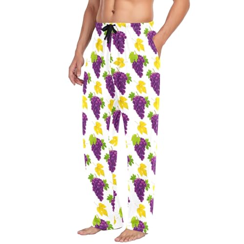 Men's Purple Grape Pattern Pajama Pants with Pockets - Straight Fit Cotton Sleep Bottoms for Lounge & Nightwear#1244