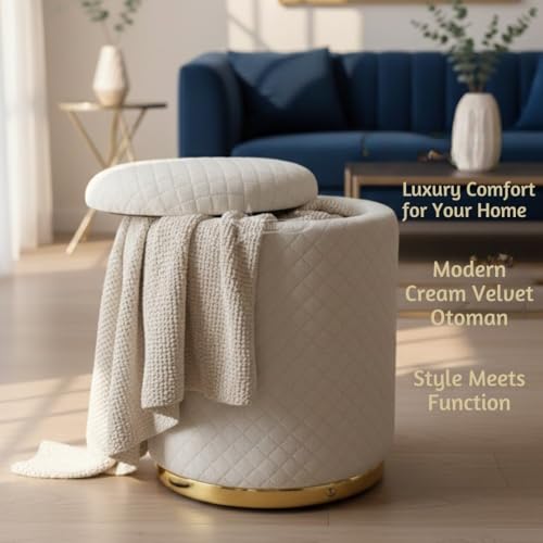 Image of Premium Round Storage Ottoman Stool 16 X 16X 19 inch, with Gold Metal Base | Luxury Pouffe with Hidden Storage | Cushioned Footrest for Living Room, Bedroom & Lounge Cream