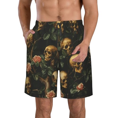 Men's Quick Dry Swim Shorts Skulls and Roses Tree Mystery and Gothic Style Beach Trunks with Pockets