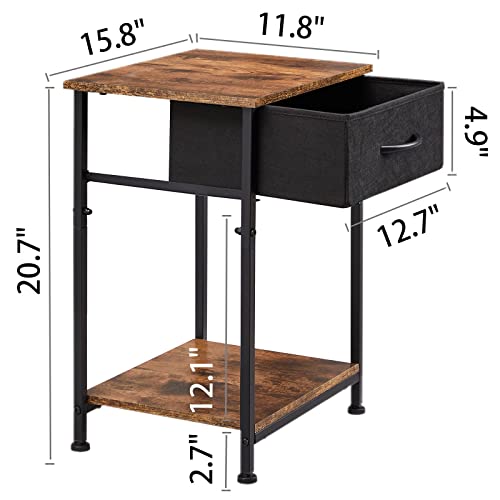 Somdot Nightstands Set Of 2, Bedside Table End Table For Bedroom Nursery Living Room - Removable Fabric Drawer, Open Storage Shelf, Sturdy Steel Frame, Durable Wood Top - Black/Rustic Brown #TOP2
