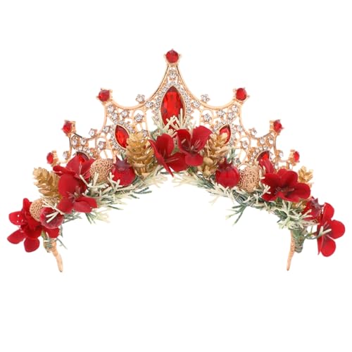 CoTeeZa Gold Red Christmas Flower Crown - Festive Rhinestone Headpiece