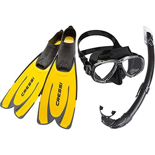 Cressi Agua, Pinne Self Adjusting per Immersioni, Snorkeling E Nuoto Unisex Adulto, Giallo, 43/44 & Mare Combo, Set Maschera Sub Perla E Snorkel Mexico Unisex – Adulto, Nero, Unica